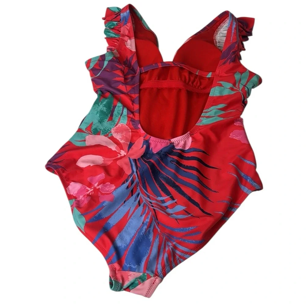Jessica Simpson Swimsuit Red Floral Flowers Hawaiian Tropical Aloha M